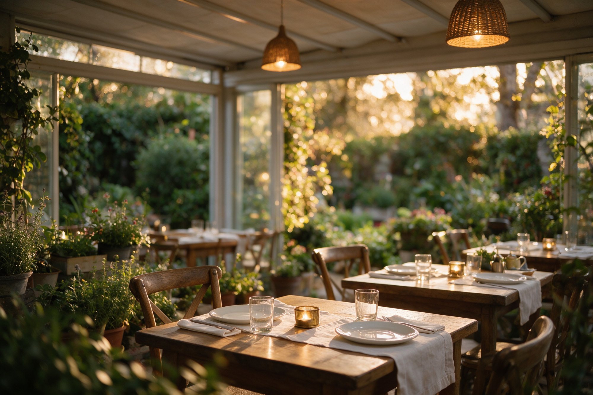 Terraza jardinada de la trattoria con mesas para cenar y vegetación