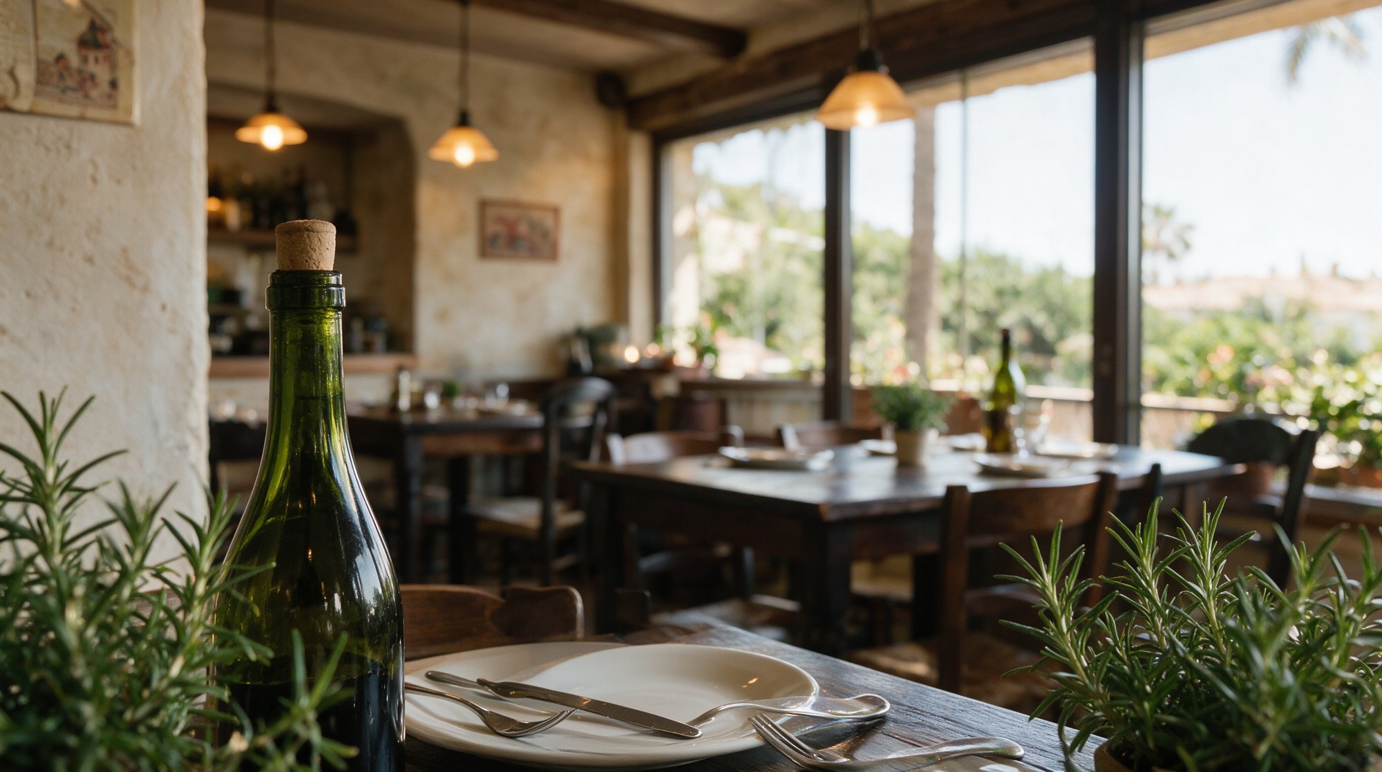 Interior acogedor de la trattoria con mesas de madera, plantas y luz cálida