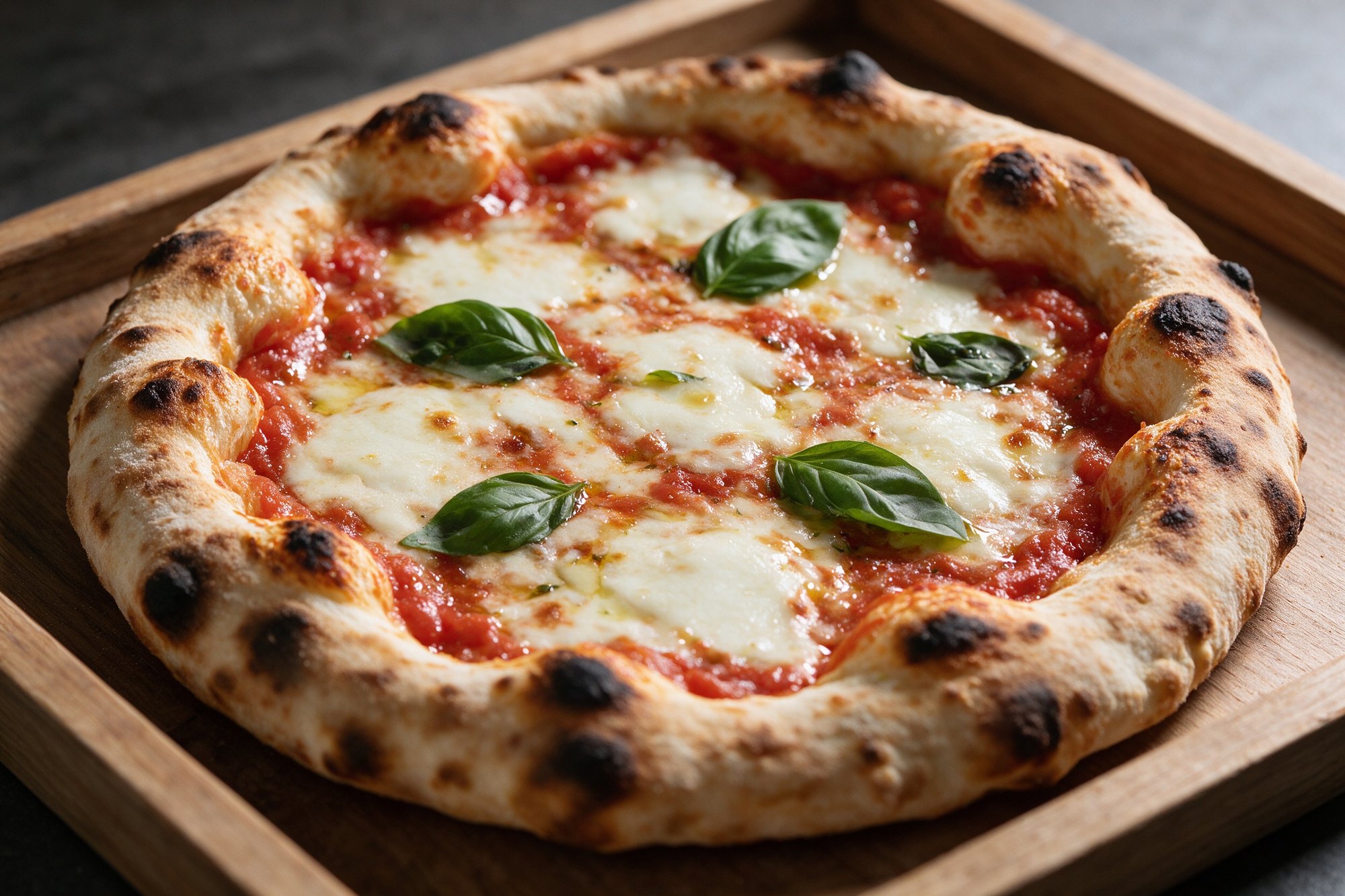 Pizza napolitana con borde hinchado y moteado, mozzarella, tomate y albahaca