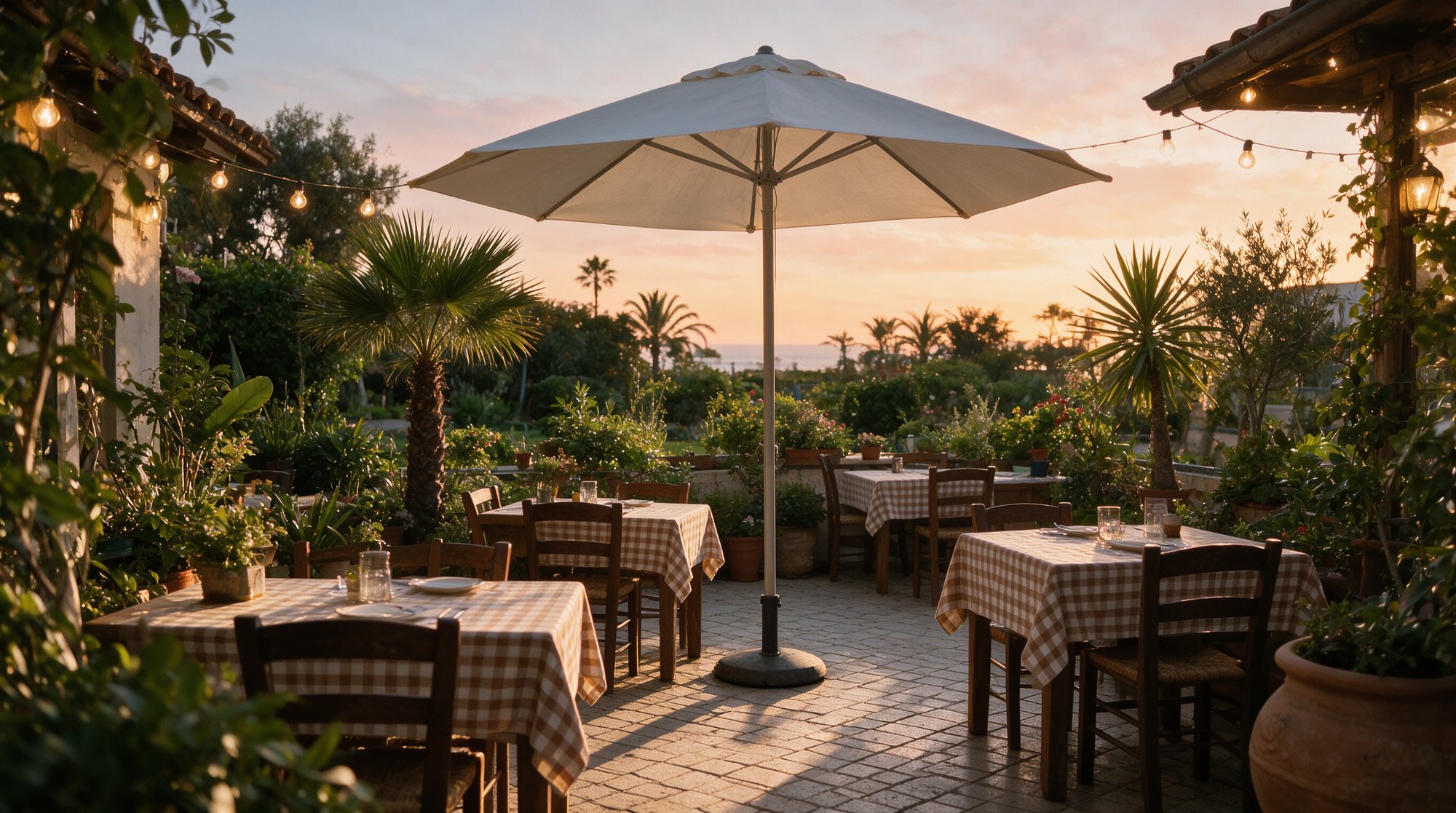 Terraza de una pequeña trattoria italiana con plantas y luces cálidas al atardecer en La Cala de Mijas